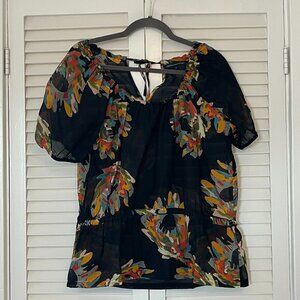 French Connection peplum blouse sheer 4 silk cotton floral black